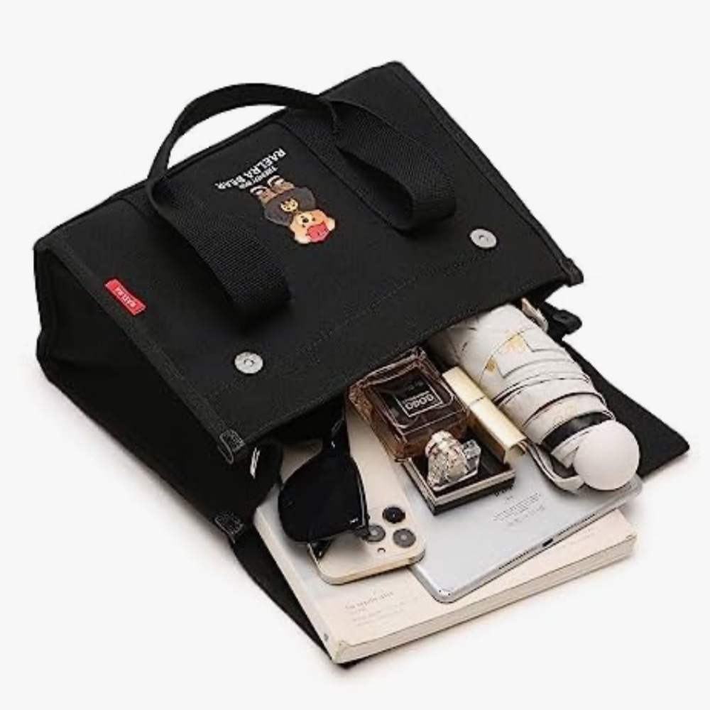 Raelra Bear Moai canvas tote/shoulder/crossbody bag in black - Ralph - Picture 7 of 7
